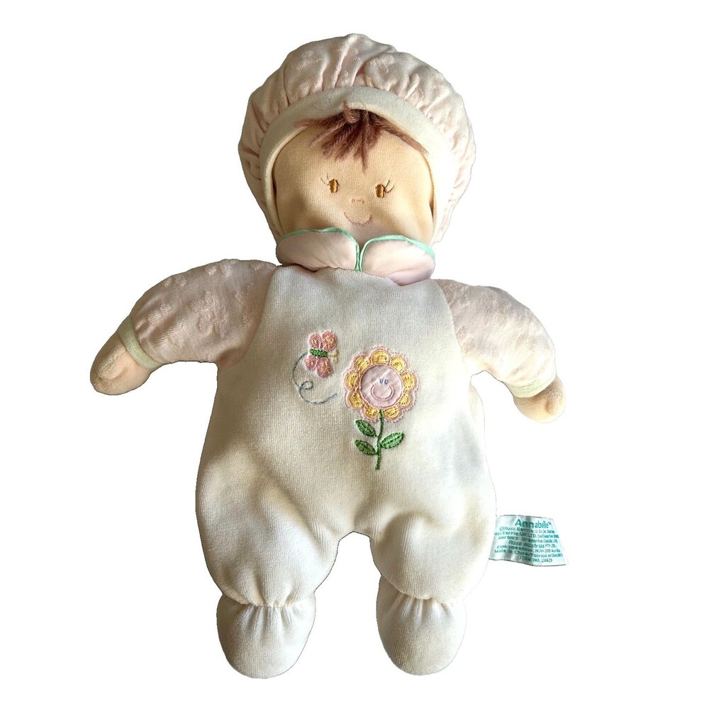 Russ Berrie Annabelle First Baby Doll Soft Rattles Embroidered Flower Brown